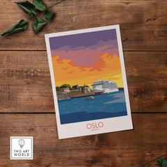 Oslo Poster Norway featuring a colorful sunset over the water with a cruise ship, perfect for travel enthusiasts.