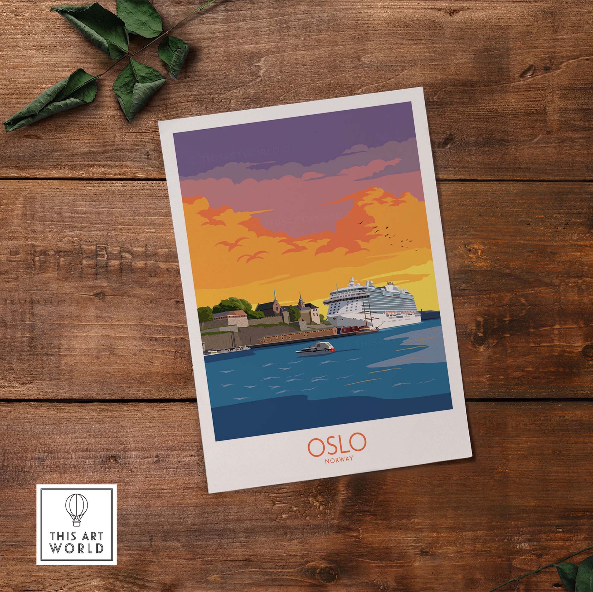 Oslo Poster Norway featuring a colorful sunset over the water with a cruise ship, perfect for travel enthusiasts.