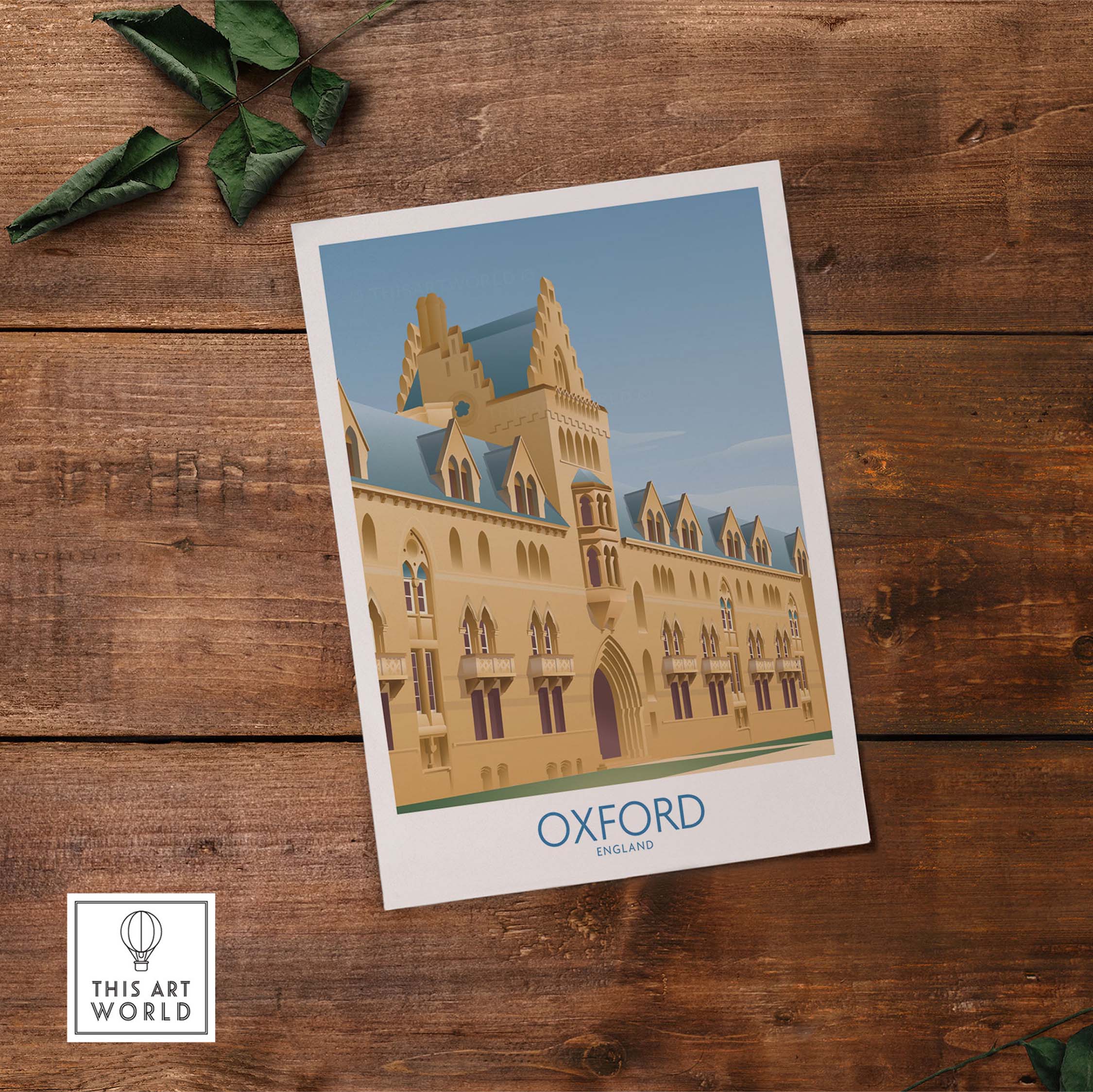 Oxford wall art print featuring a vintage illustration of Oxford, England, perfect for travel art enthusiasts.