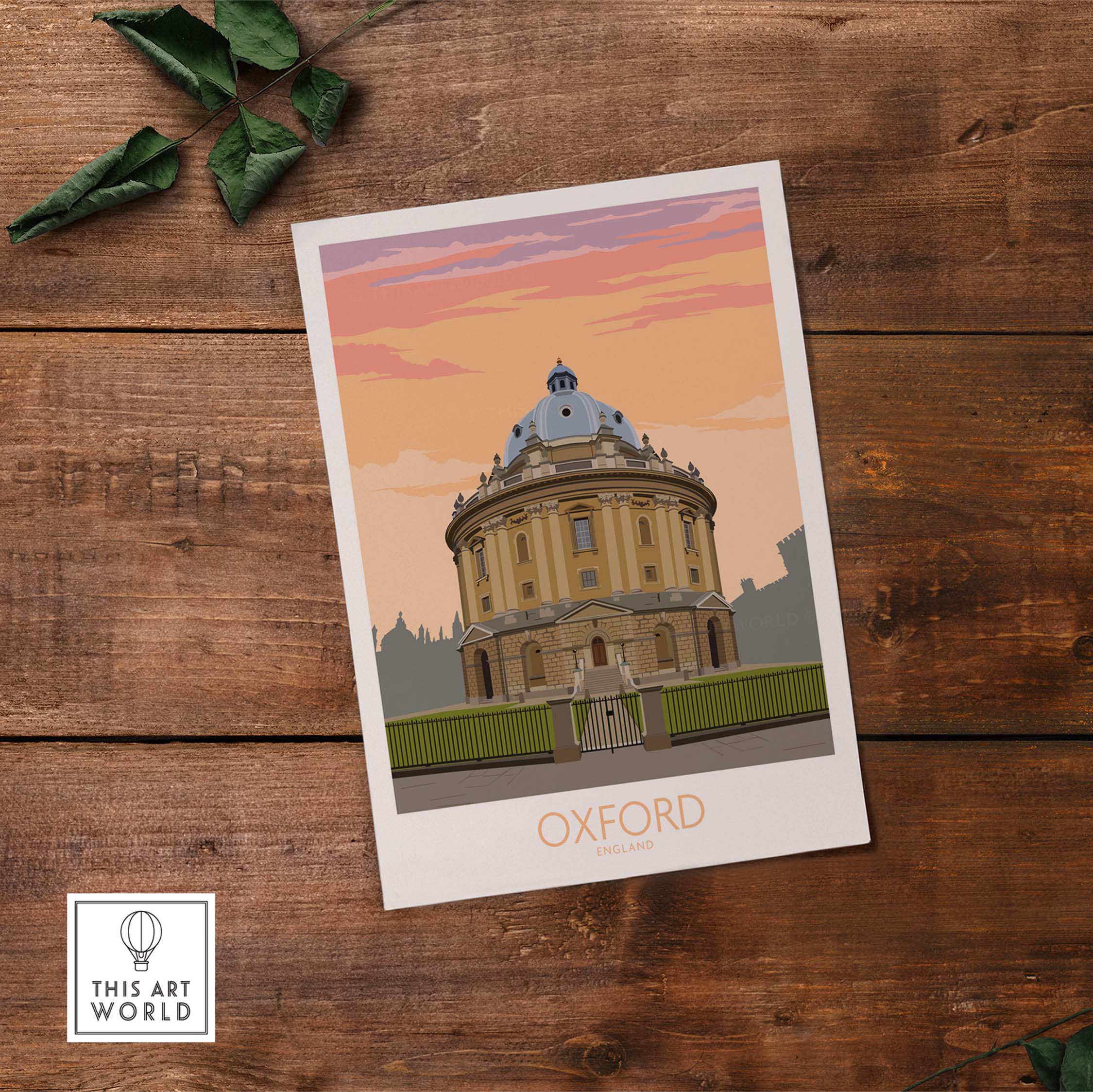 Oxford Travel Poster featuring the iconic Radcliffe Camera, with a colorful sunset backdrop.