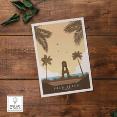 Palm Beach Florida vintage travel poster print featuring palm trees and a sunset backdrop, perfect for home decor.