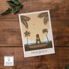 Palm Beach wall art print featuring minimalist vintage design with palm trees and ocean backdrop, ideal for home decor.