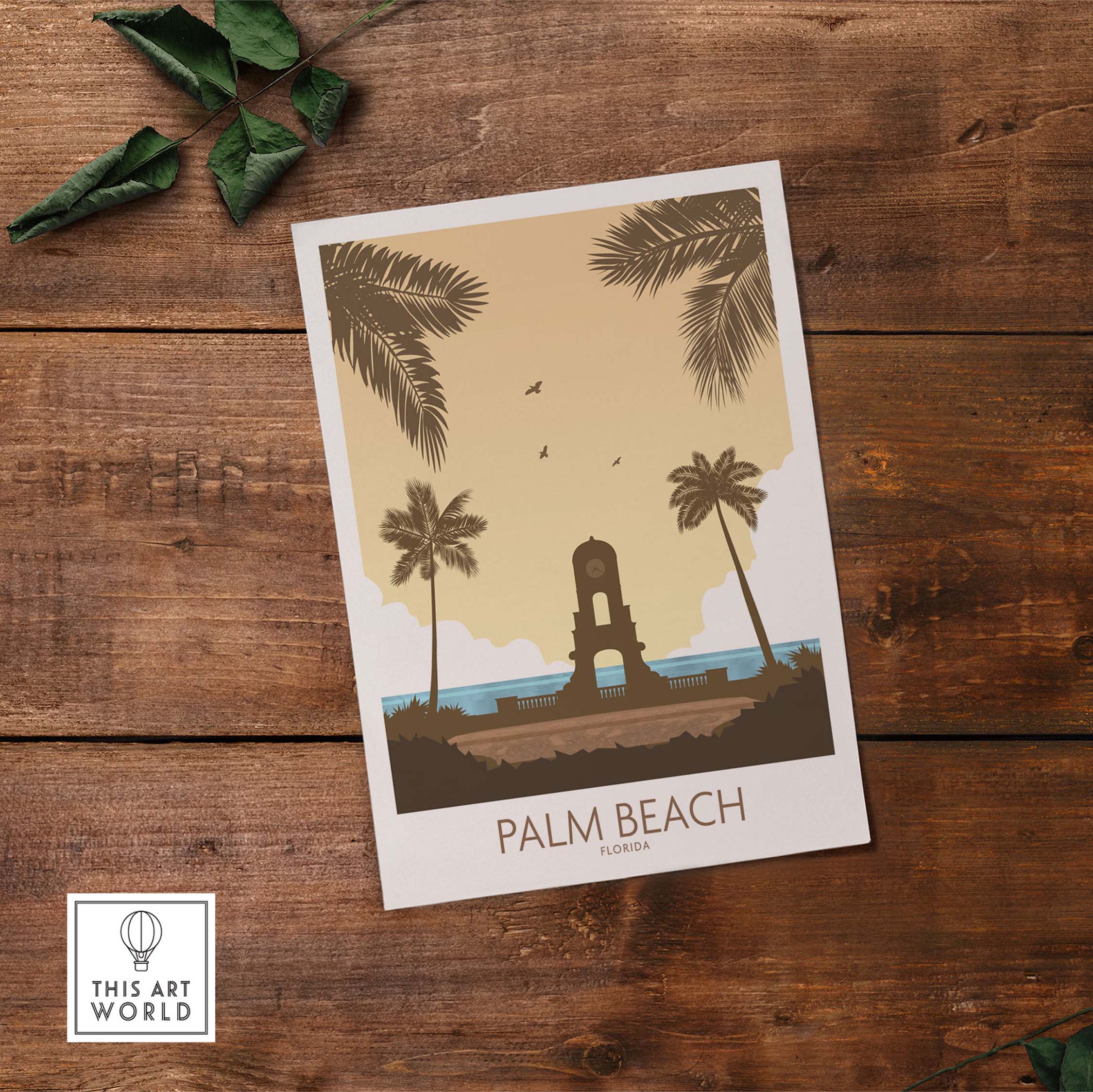 Palm Beach wall art print featuring minimalist vintage design with palm trees and ocean backdrop, ideal for home decor.