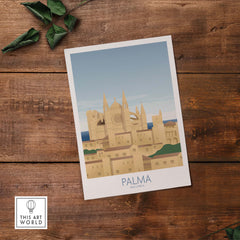 Palma Mallorca wall art print featuring vintage-inspired design of the cityscape and cathedral against a blue sky.