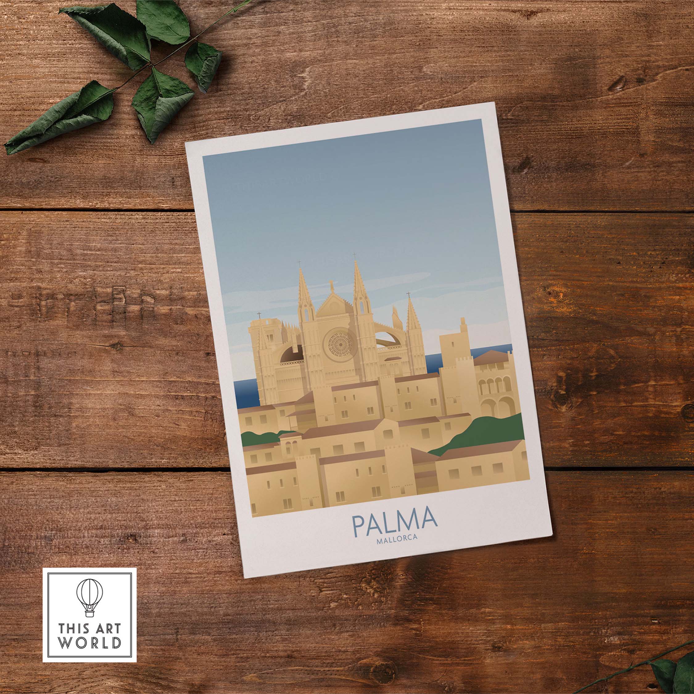 Palma Mallorca wall art print featuring vintage-inspired design of the cityscape and cathedral against a blue sky.