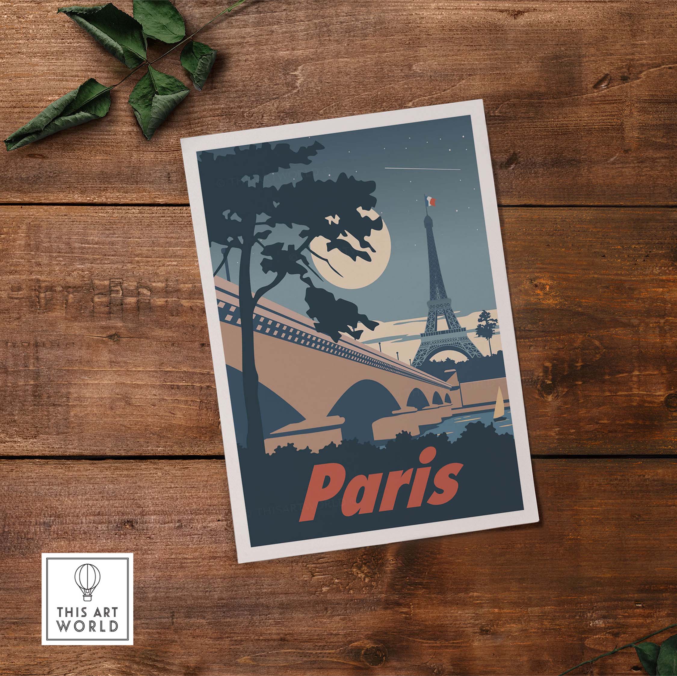 Vintage-inspired Paris poster print featuring the Eiffel Tower and moonlit scene on rustic wood background.