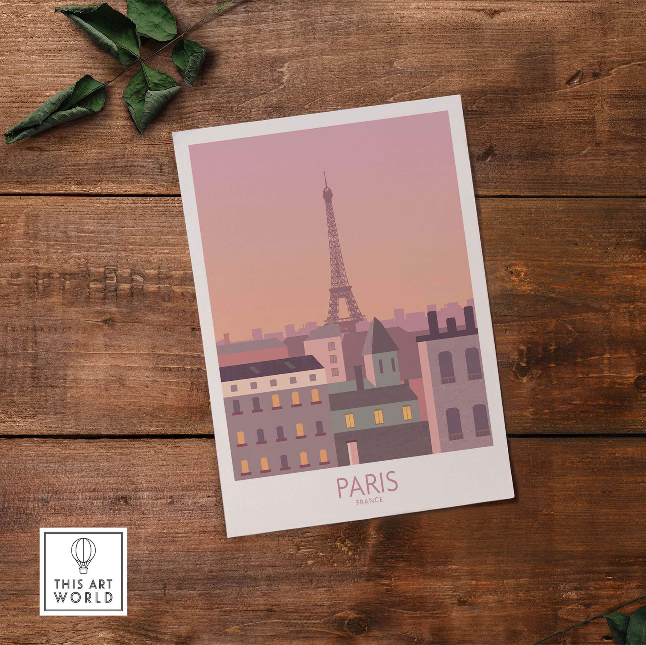 Paris Print Travel Poster featuring the Eiffel Tower in a vintage style, perfect for home or office decor.