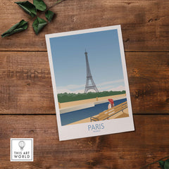 Paris Wall Art Poster Print featuring the Eiffel Tower in a vintage style against a blue sky. Perfect for home decor.