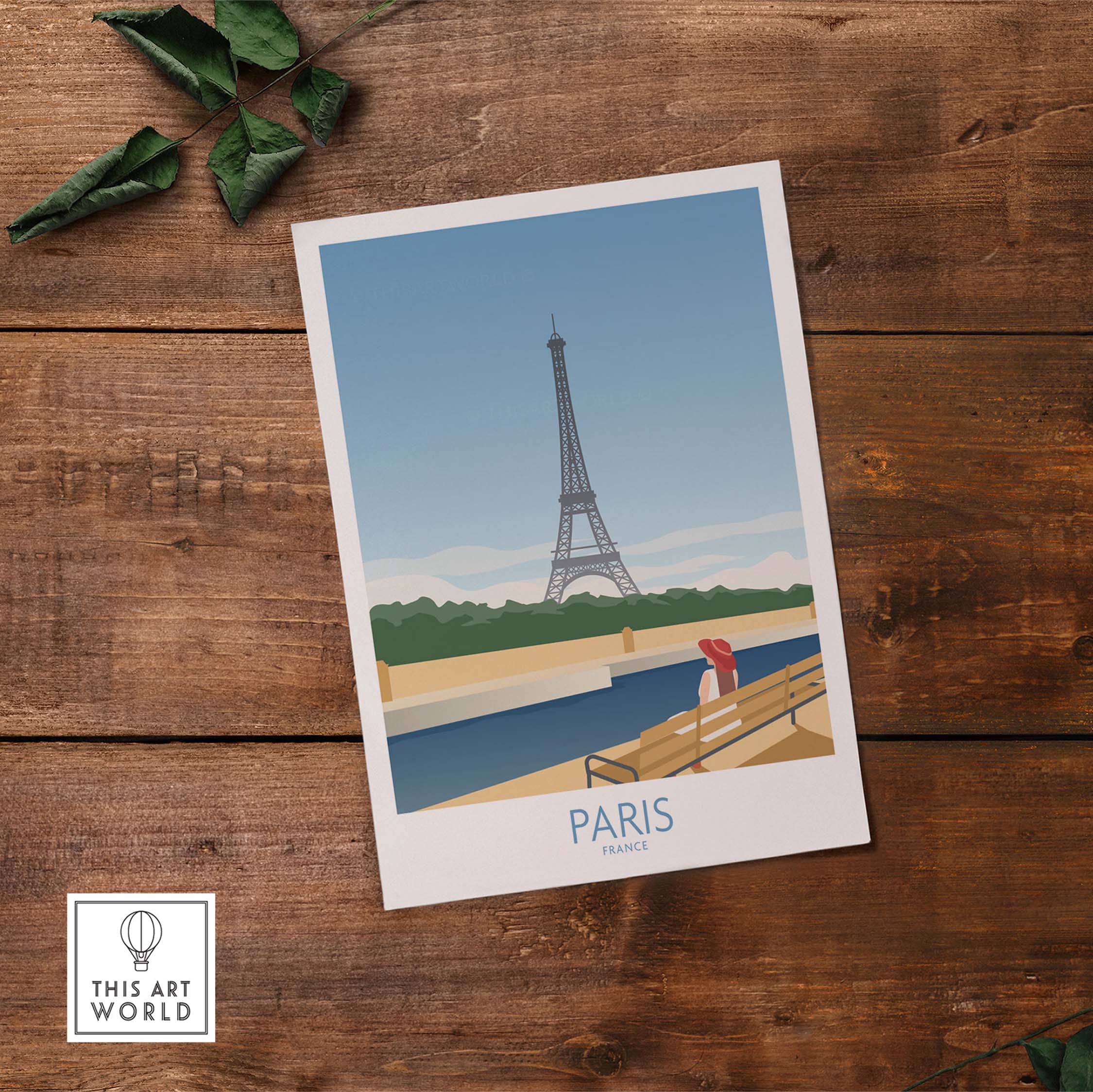 Paris Wall Art Poster Print featuring the Eiffel Tower in a vintage style against a blue sky. Perfect for home decor.