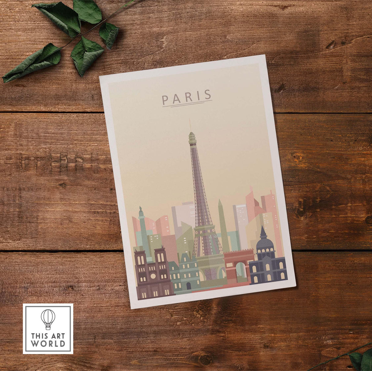 Paris City Skyline Print showcasing Eiffel Tower in warm pastel tones, perfect for wall art decor.