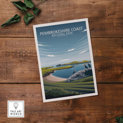 Pembrokeshire Coast National Park poster design featuring a serene coastal landscape, perfect for wall art.