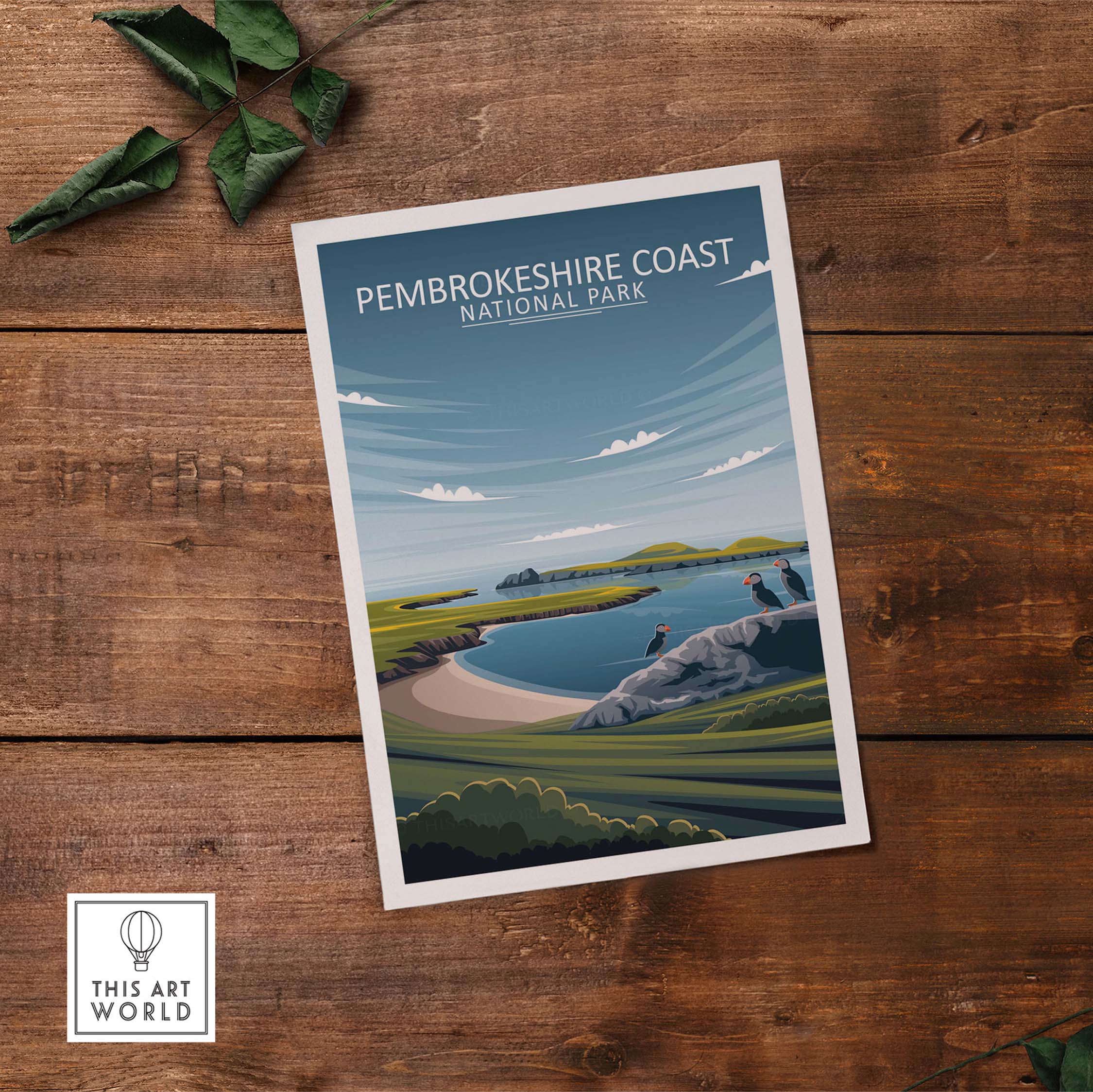 Pembrokeshire Coast National Park poster design featuring a serene coastal landscape, perfect for wall art.