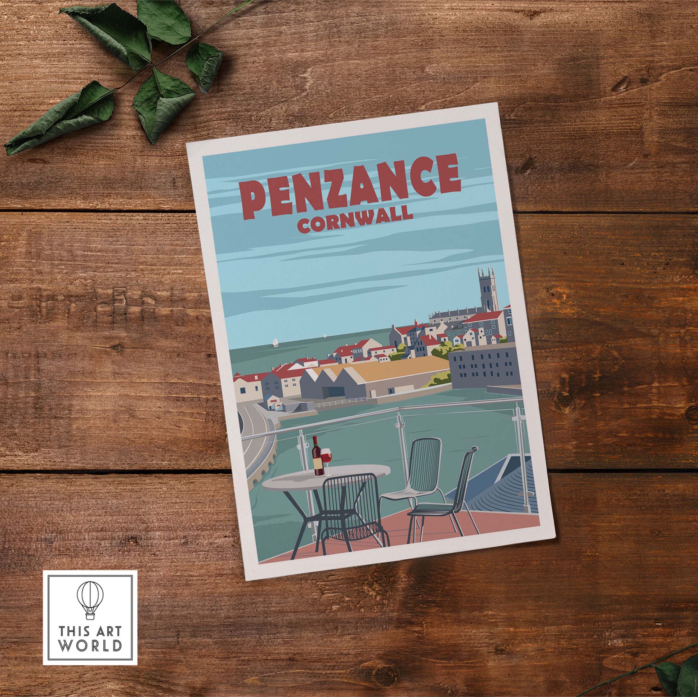 Penzance Cornwall vintage travel poster print on wood background, showcasing minimalist artwork for stylish home decor.