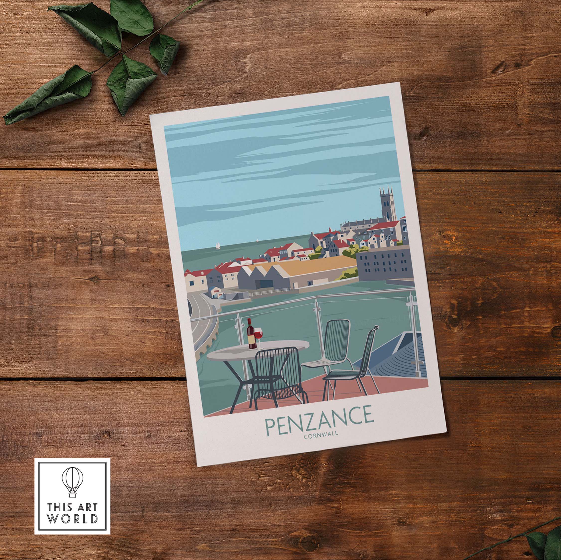 Penzance poster print showcasing Cornwall's coastline in a minimalist vintage style, perfect for travel-inspired home decor.
