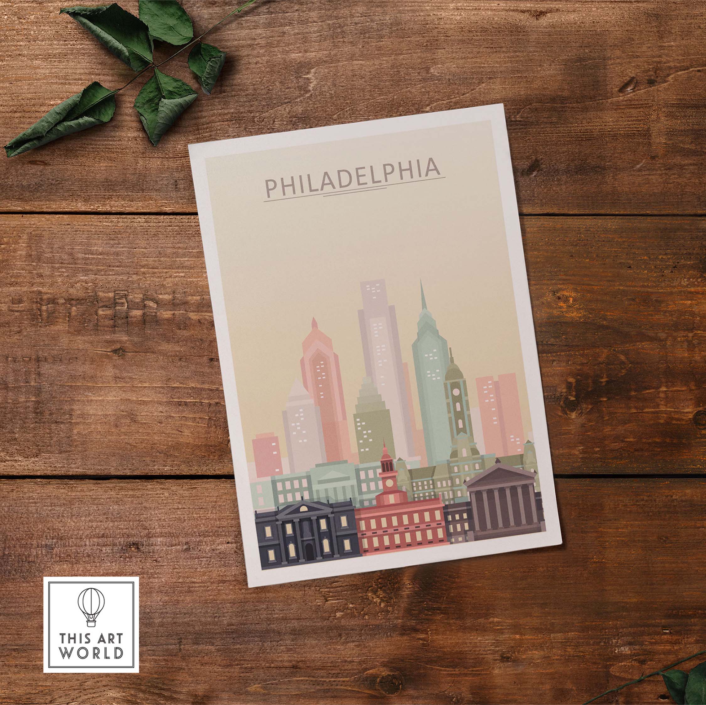Philadelphia skyline poster featuring iconic buildings in warm pastel tones, perfect for wall art decor.