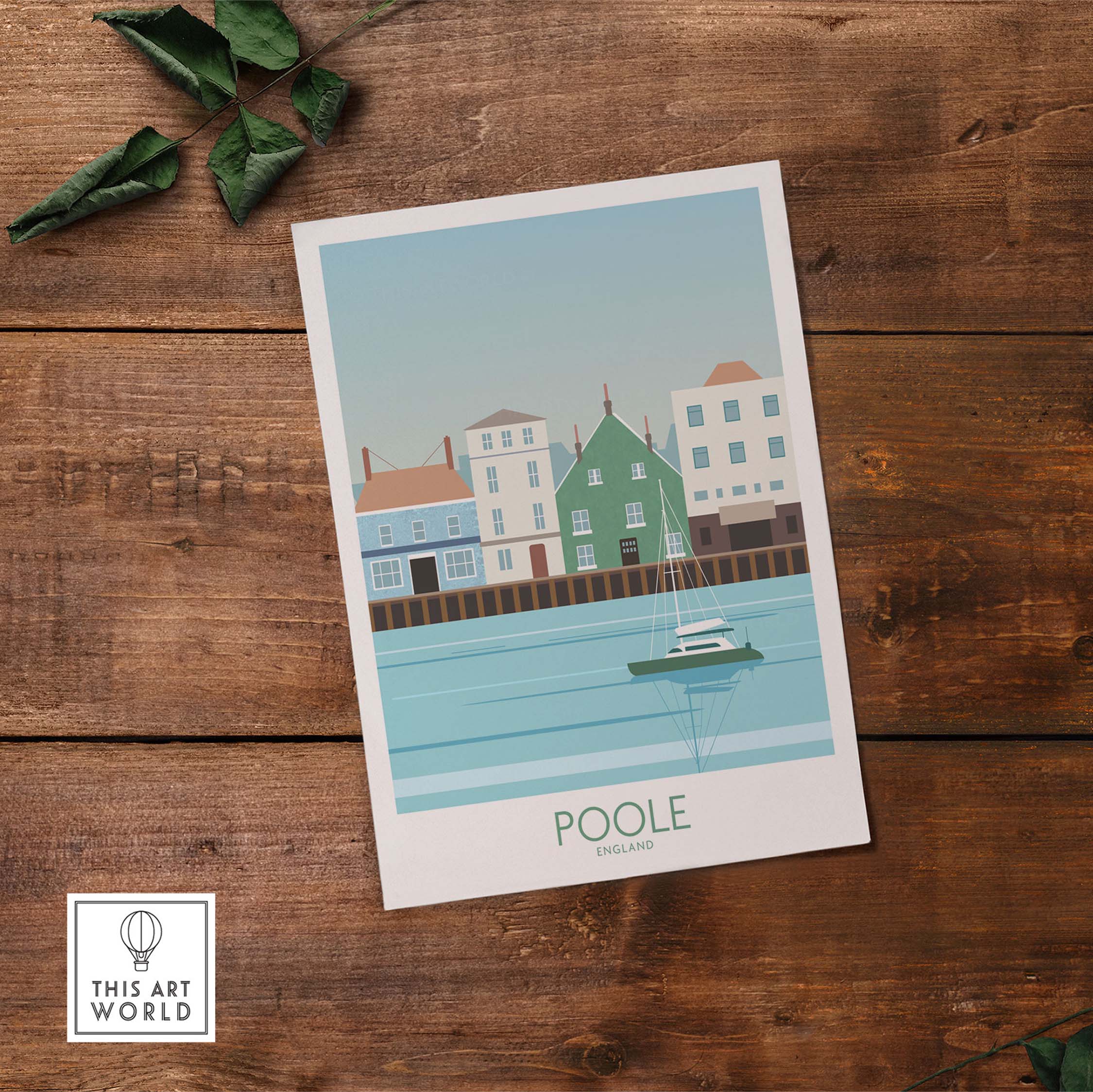 Poole Dorset vintage travel poster print showcasing coastal scenery and colorful buildings, ideal for home or office decor.