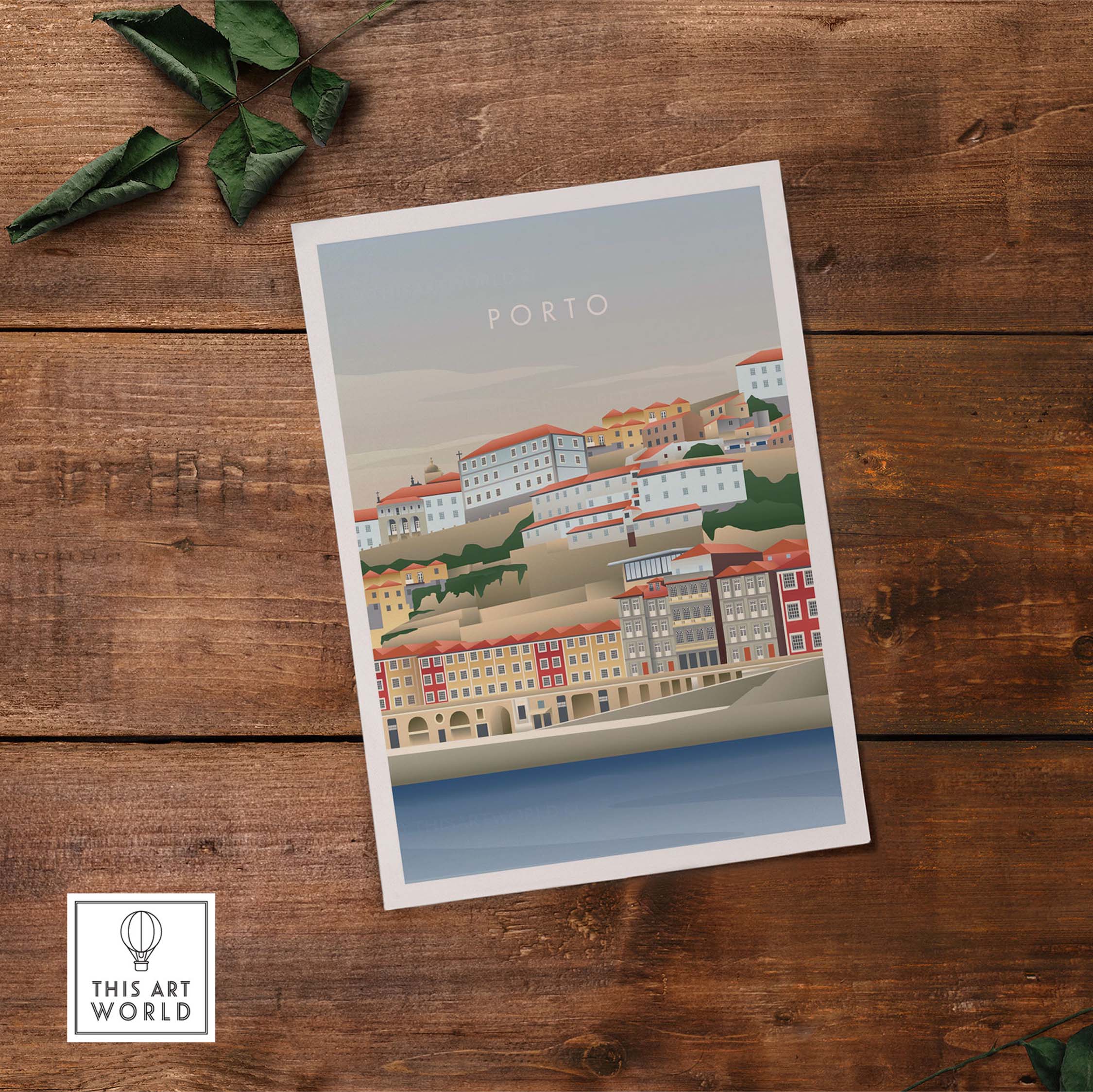 Porto Portugal wall art poster featuring colorful vintage buildings and scenic river view on wooden table.