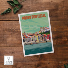 Porto Print Poster Wall Art depicting colorful buildings and water in Porto, Portugal, inspired by vintage travel aesthetics.
