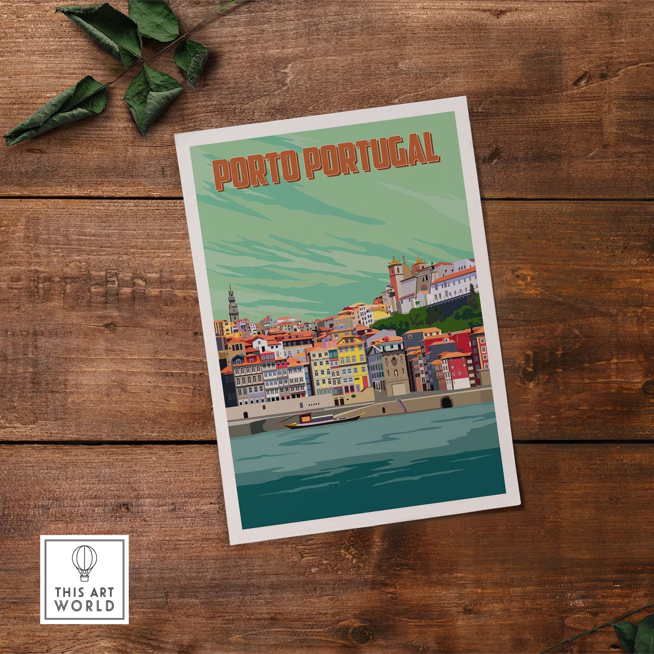 Porto Print Poster Wall Art depicting colorful buildings and water in Porto, Portugal, inspired by vintage travel aesthetics.