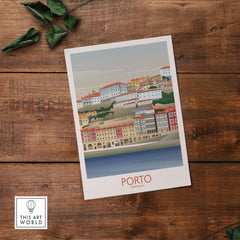 Porto Wall Art Portugal Print showcasing colorful buildings by the river, inspired by vintage travel posters.