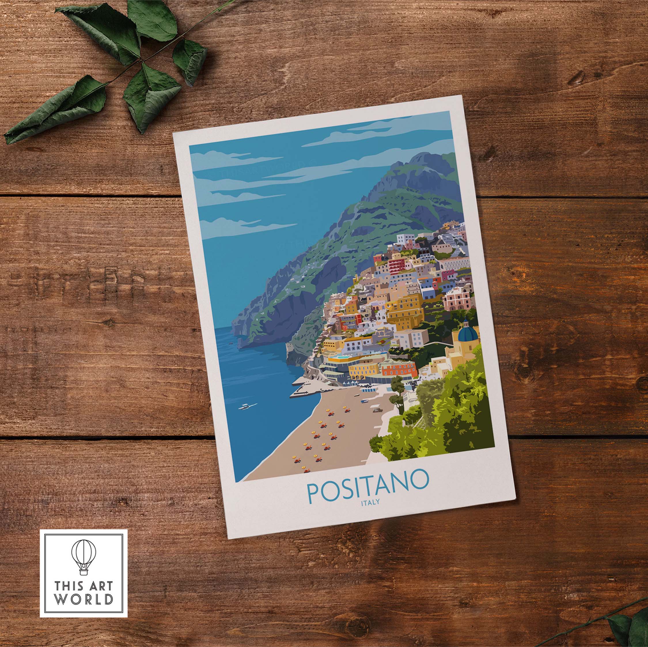 Positano Print Travel Poster showcasing colorful Amalfi Coast scenery, perfect for nostalgic home or office decor.