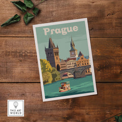 Vintage Prague print poster featuring Charles Bridge and colorful boat on the Vltava River, perfect for wall art.