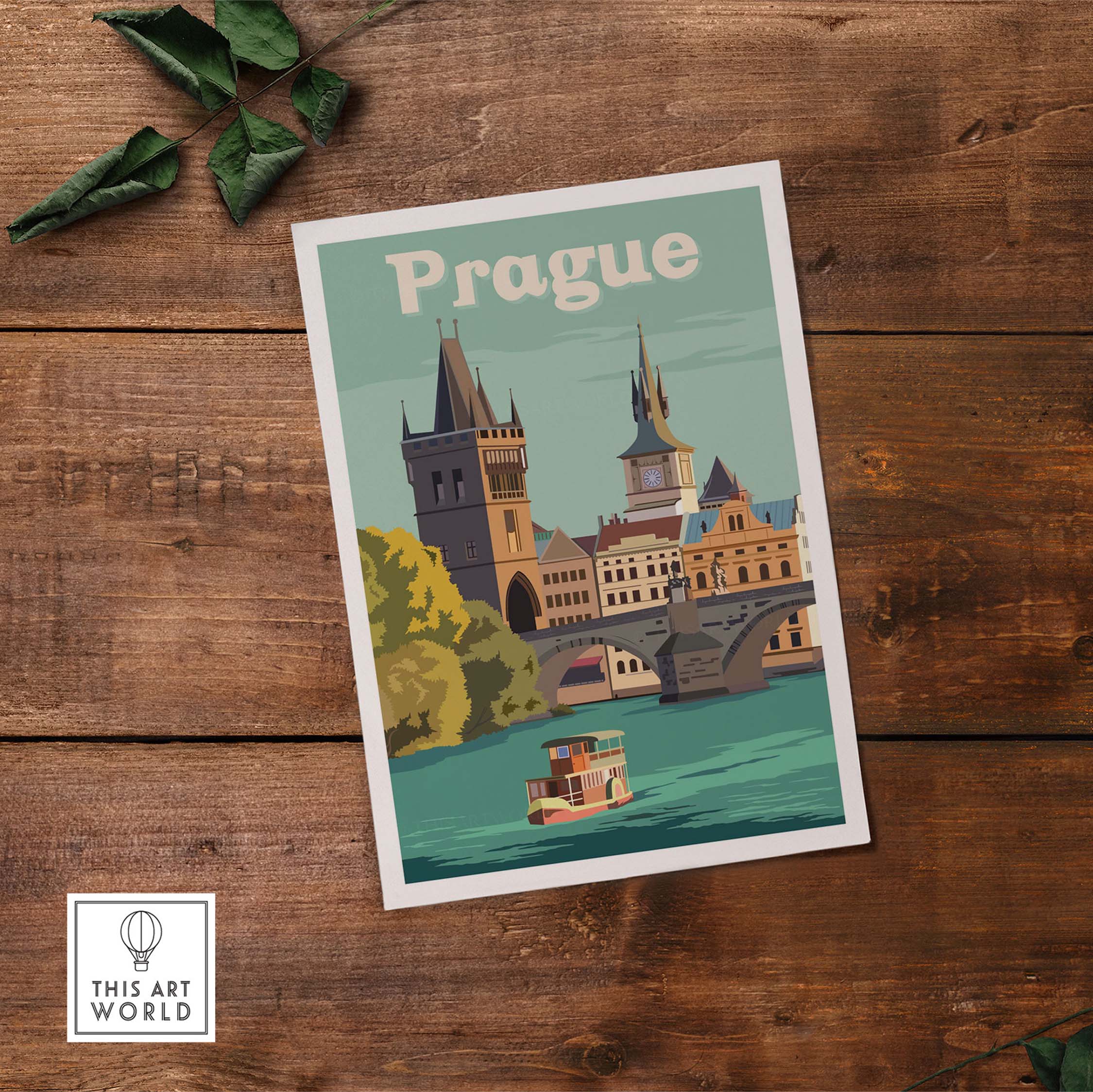Vintage Prague print poster featuring Charles Bridge and colorful boat on the Vltava River, perfect for wall art.