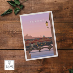 Prague Print Wall Art Poster featuring a sunset view of the city, perfect for home or office decor.