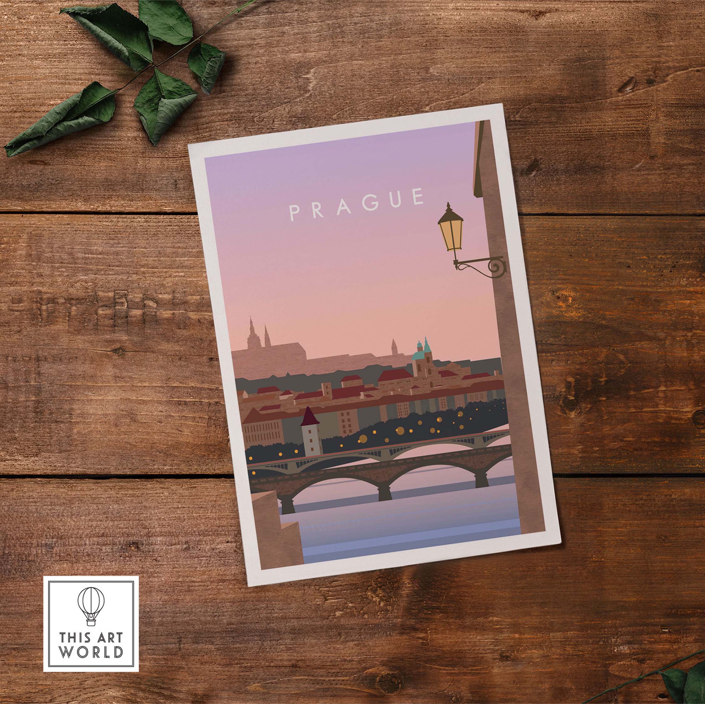 Prague Print Wall Art Poster featuring a sunset view of the city, perfect for home or office decor.