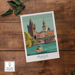 Vintage Prague travel poster featuring iconic architecture and scenic river view.