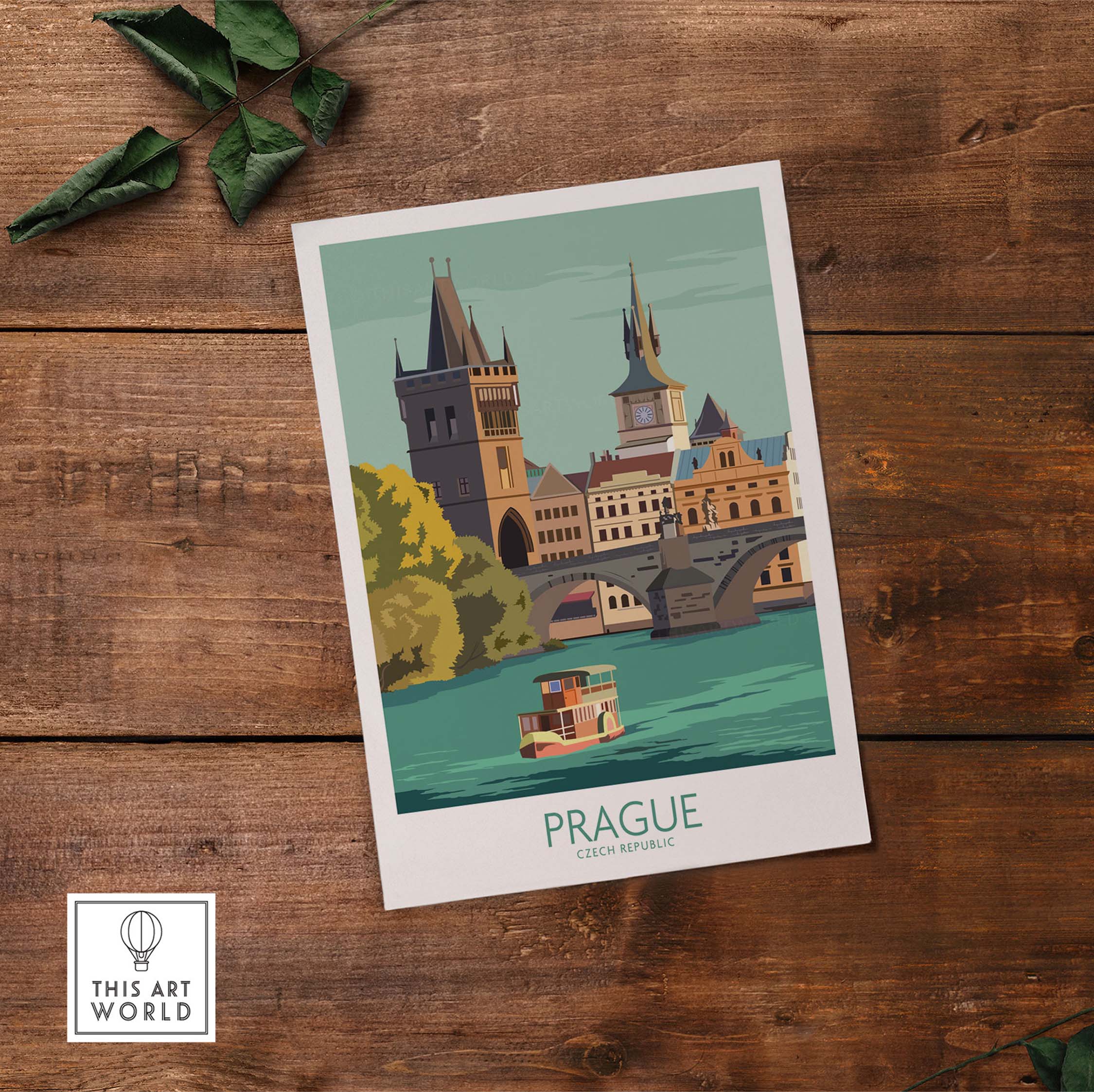 Vintage Prague travel poster featuring iconic architecture and scenic river view.