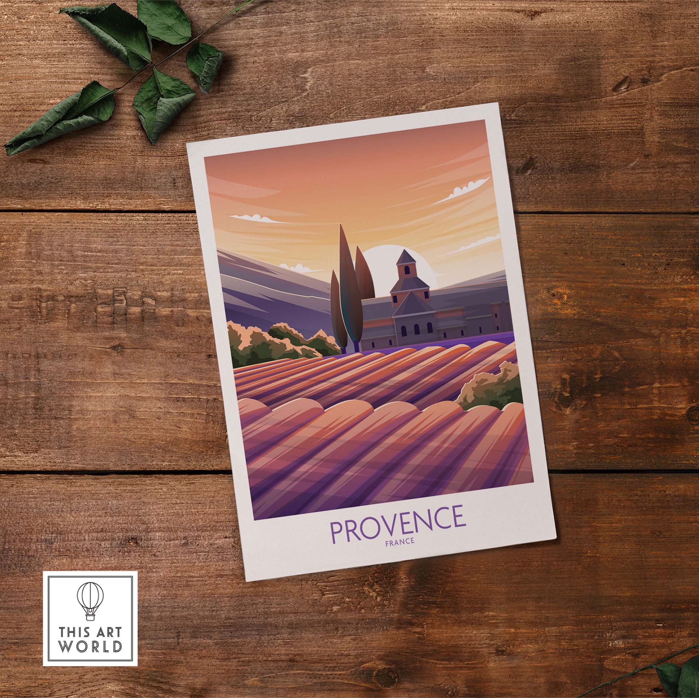 Provence travel poster showcasing vibrant fields and historic architecture in warm sunset colors.