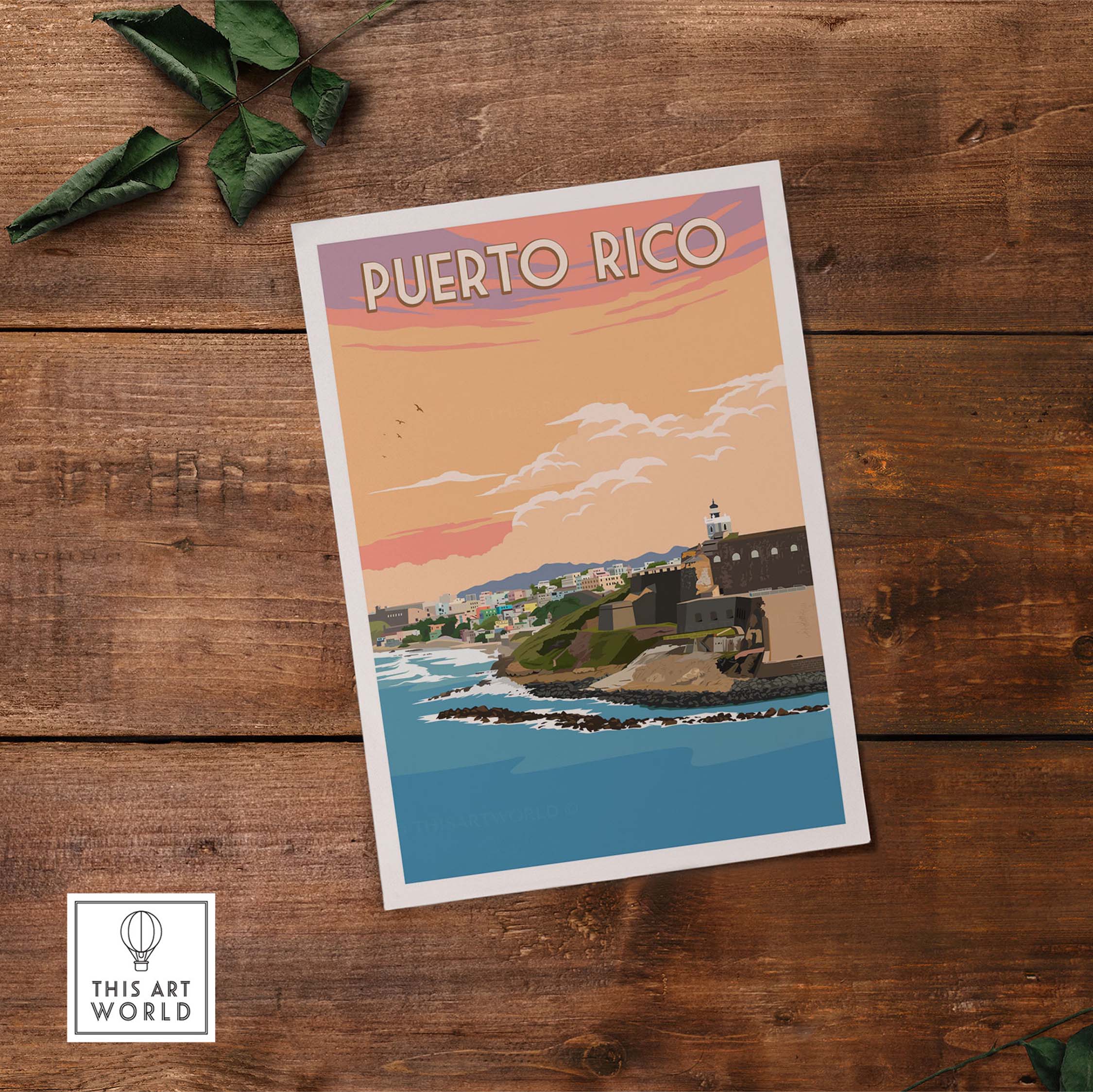 Puerto Rico wall art featuring San Juan's coastline with vintage design and vibrant colors on wood background.
