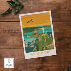 Vintage Rio Brazil travel poster featuring Christ the Redeemer amidst a scenic landscape.