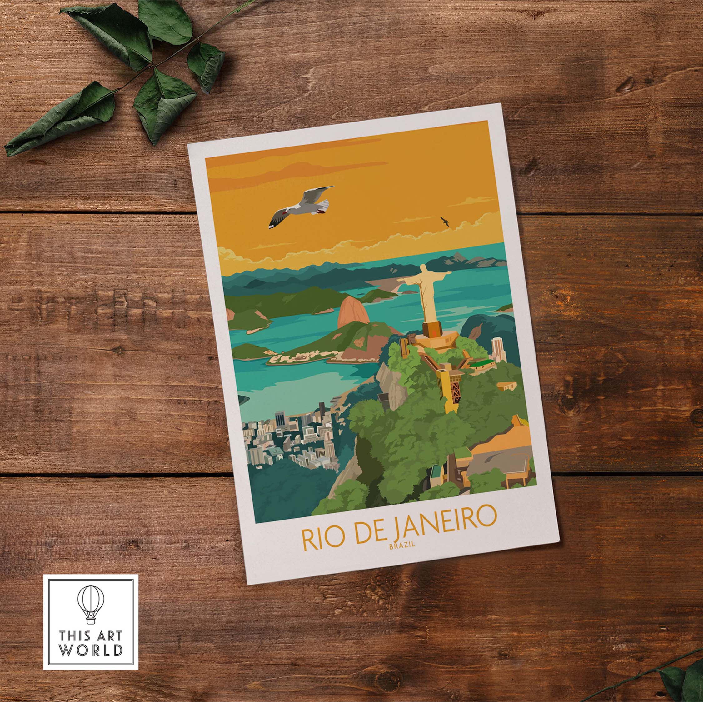 Vintage Rio Brazil travel poster featuring Christ the Redeemer amidst a scenic landscape.