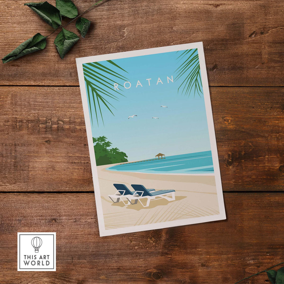 Roatan Art Print featuring a serene beach scene with sun loungers and palm trees, ideal for travel-inspired home decor.