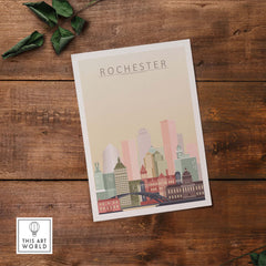 Rochester Skyline Wall Art Print featuring pastel tones of Rochester city's iconic architecture.