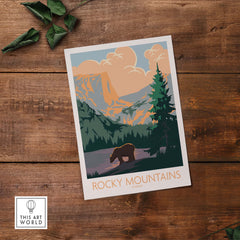 Rocky Mountains Canada poster featuring a bear, vintage style, showcasing nature and outdoor wanderlust.