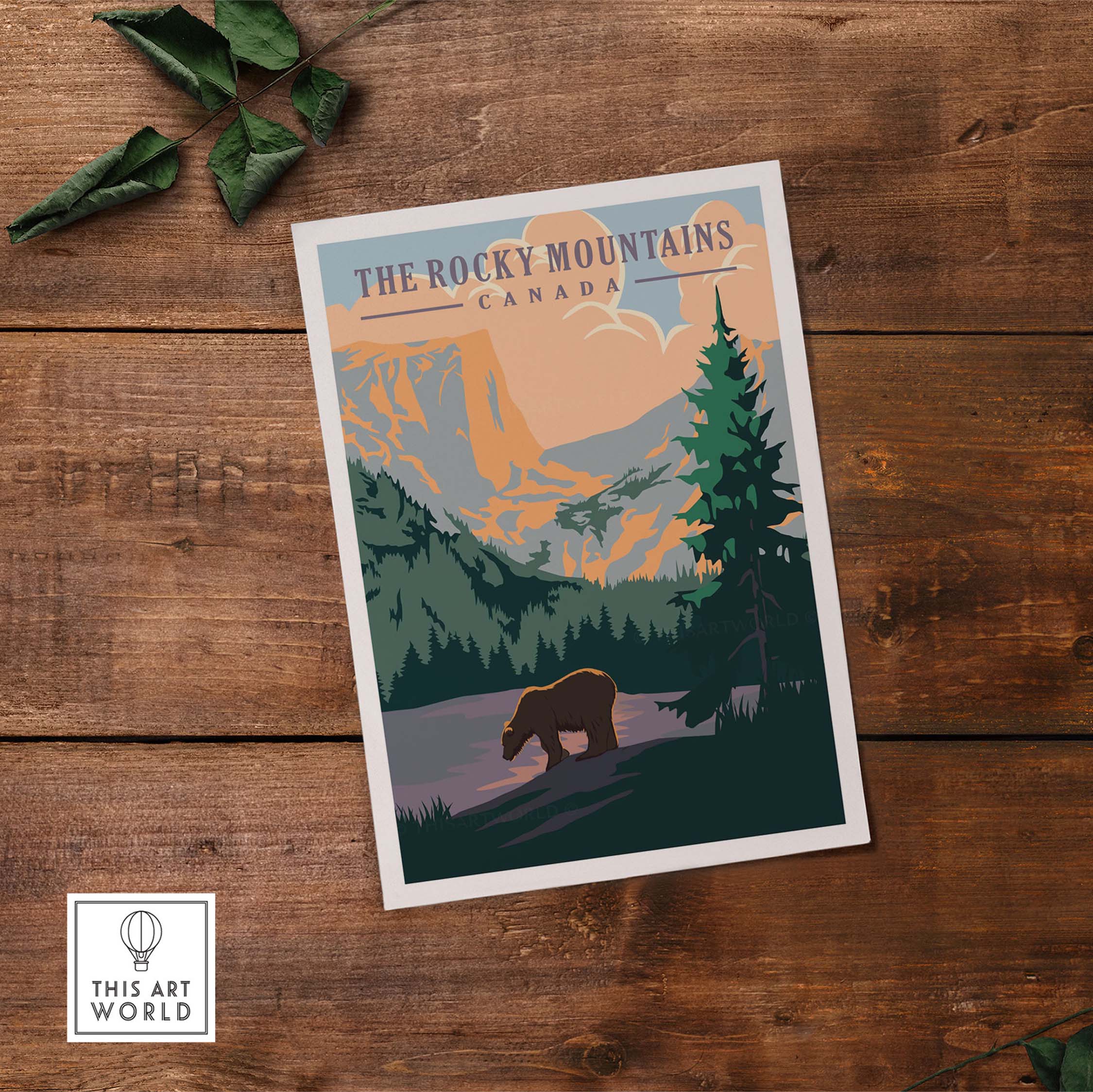 Rocky Mountains Canada vintage print featuring a bear and scenic landscape, inspired by classic national park posters.