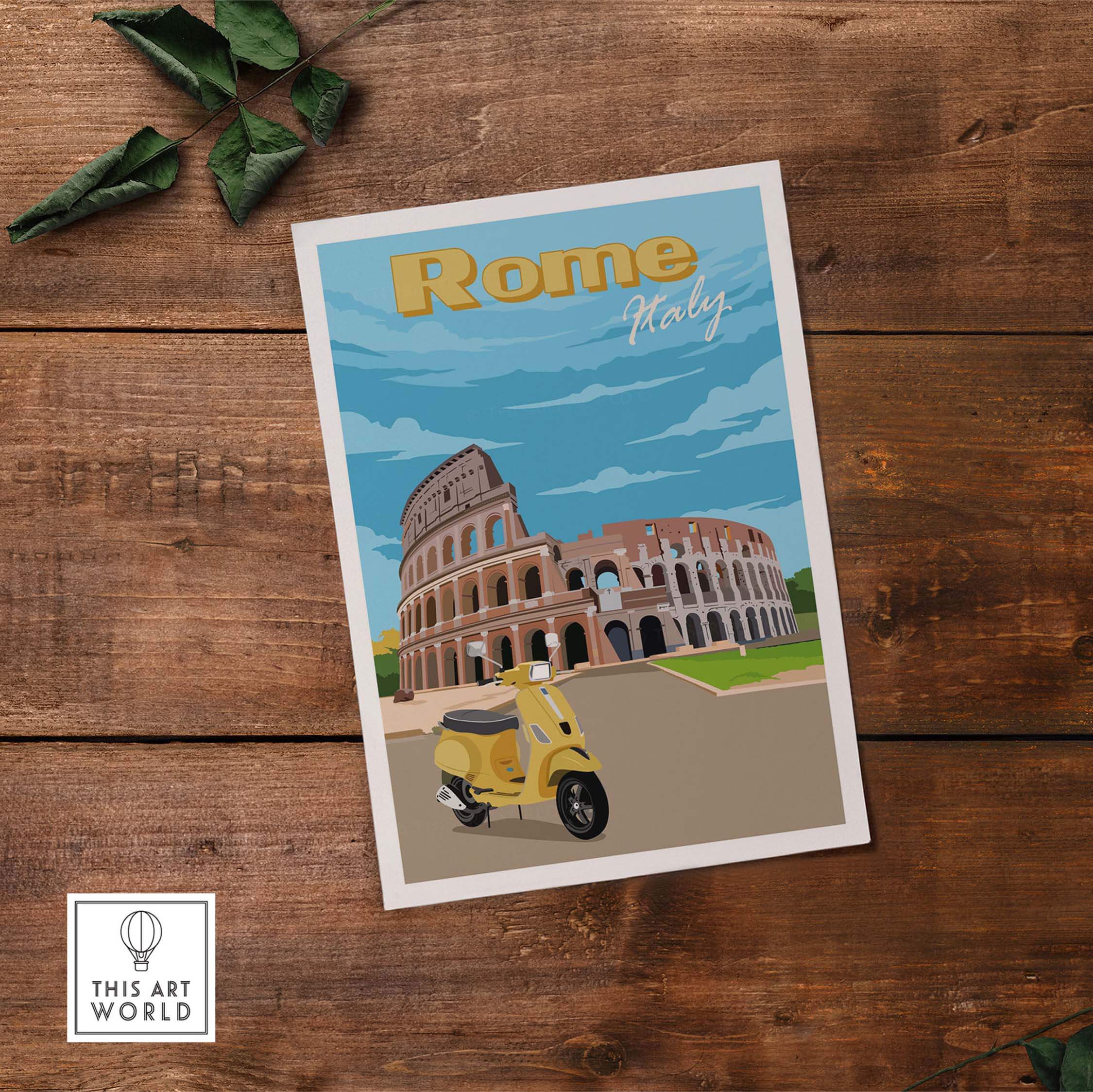 Vintage Rome print poster featuring the Colosseum and a yellow scooter, perfect for travel-themed wall art.