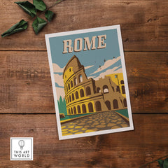Vintage-inspired Rome poster art featuring the Colosseum on a wooden background. Perfect for travel lovers and home decor.