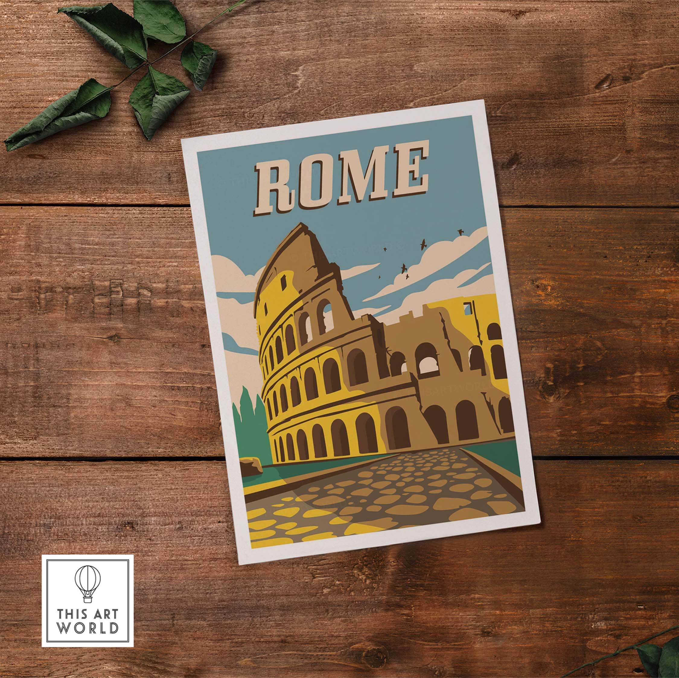 Vintage-inspired Rome poster art featuring the Colosseum on a wooden background. Perfect for travel lovers and home decor.