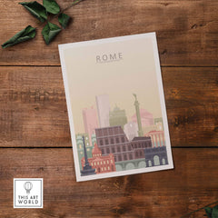 Rome city skyline print artwork showcasing iconic landmarks in warm pastel tones on wooden background.