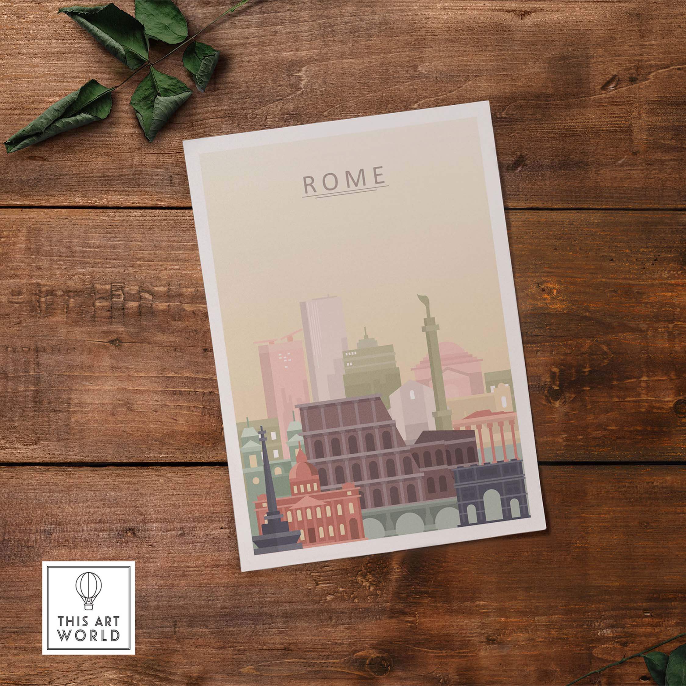 Rome city skyline print artwork showcasing iconic landmarks in warm pastel tones on wooden background.