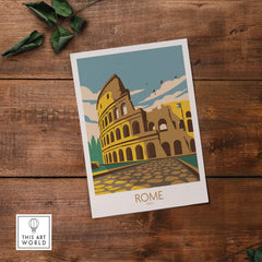 Vintage travel poster of the Colosseum in Rome, Italy, featuring vibrant colors and artistic design. Perfect wall art for enthusiasts.