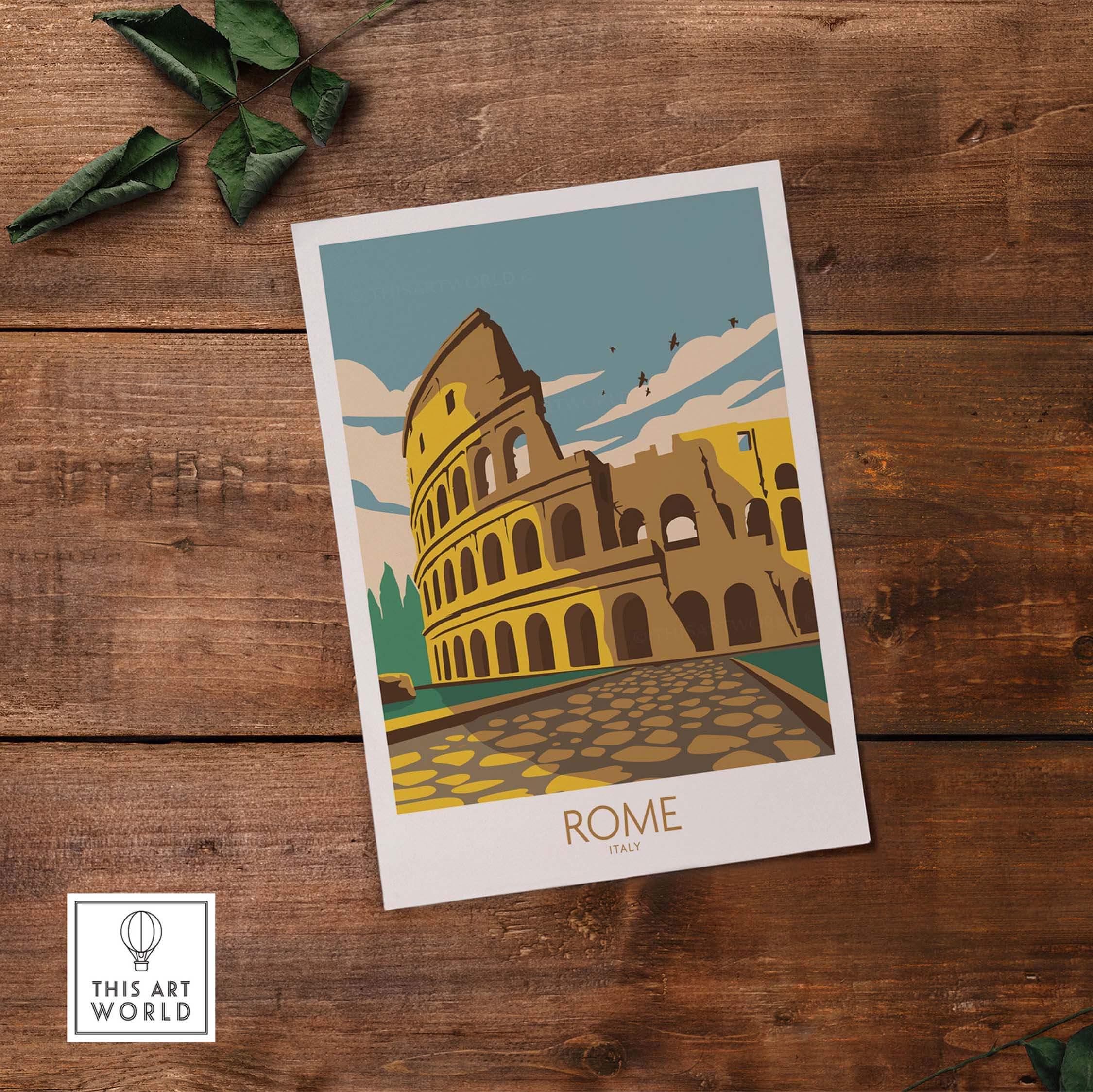 Vintage travel poster of the Colosseum in Rome, Italy, featuring vibrant colors and artistic design. Perfect wall art for enthusiasts.