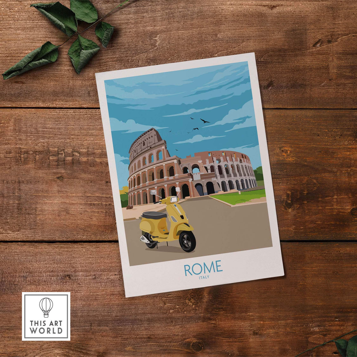 Rome travel poster print featuring the Colosseum and a yellow scooter against a blue sky, perfect for wanderlust-inspired decor.