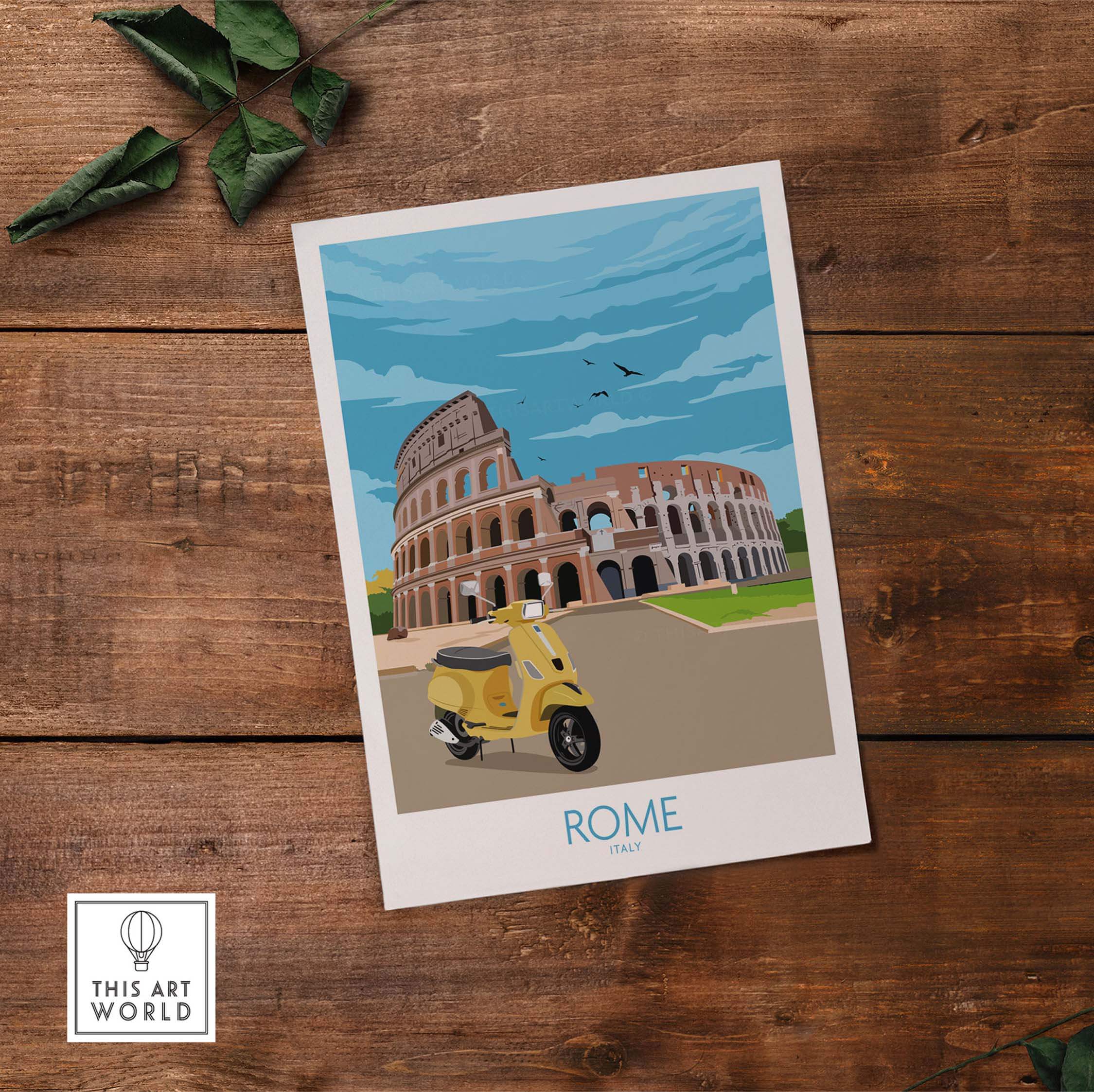 Rome travel poster print featuring the Colosseum and a yellow scooter against a blue sky, perfect for wanderlust-inspired decor.