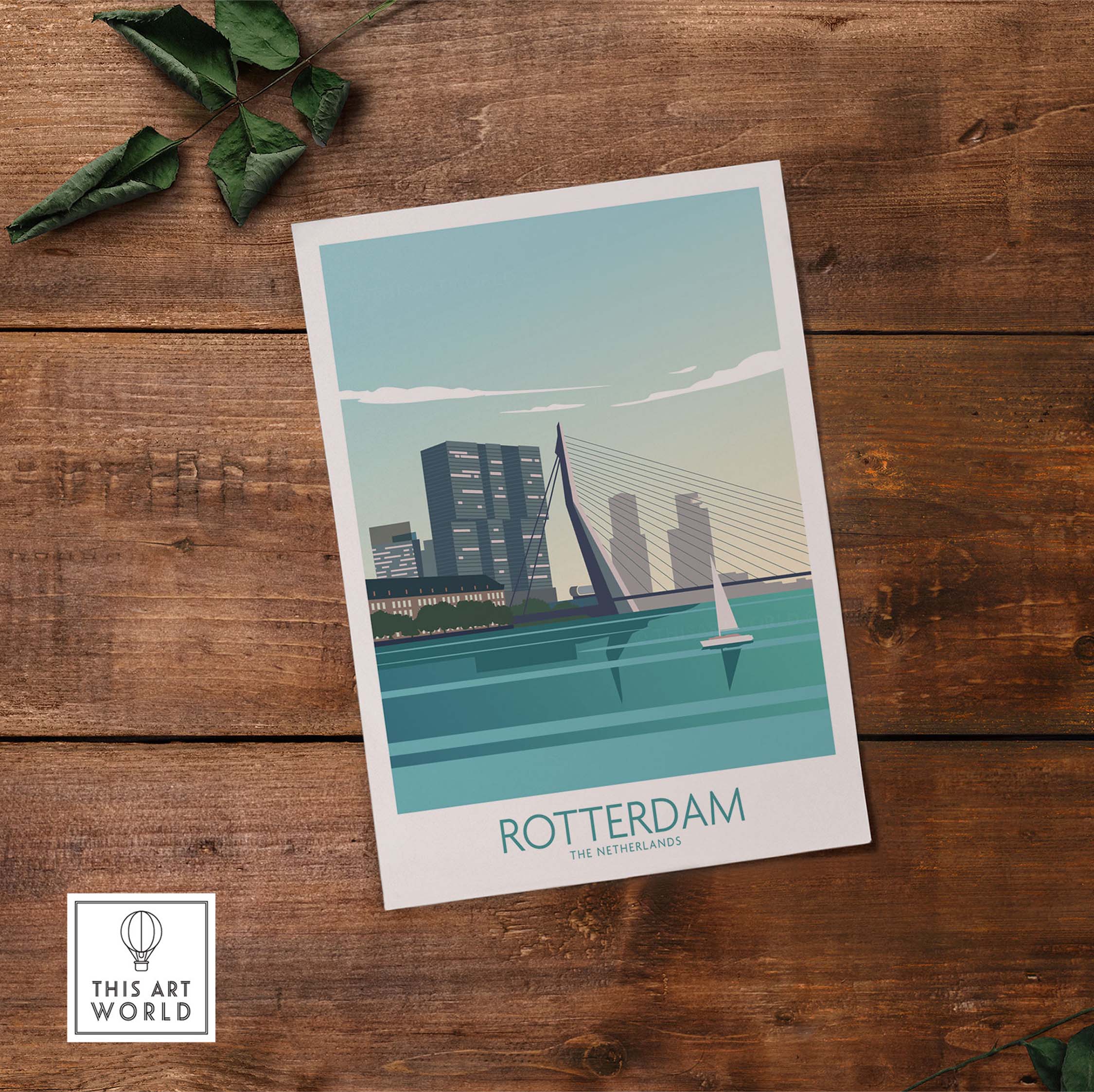 Rotterdam poster showcasing the skyline and waterfront, inspired by vintage travel art, perfect for home or office decor.