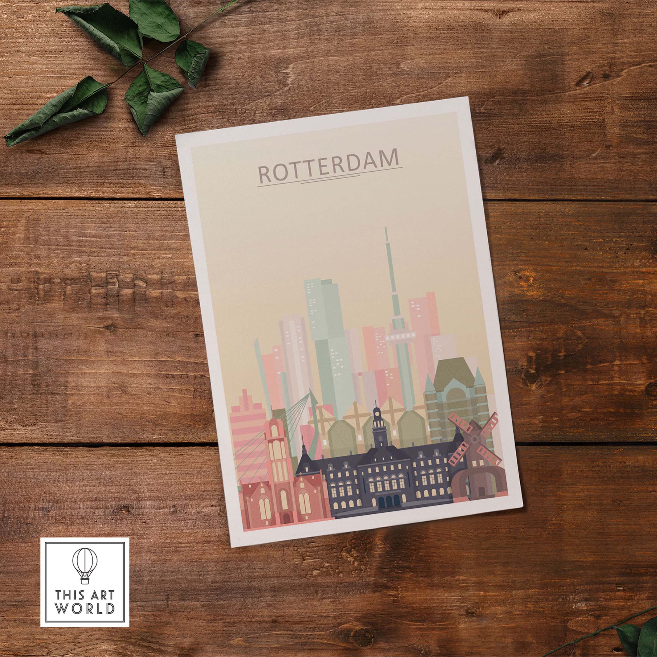 Rotterdam Skyline Print in pastel colors showcasing iconic architecture on a wooden background.